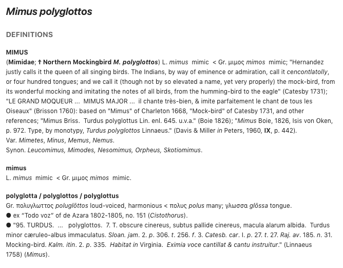 Key to Scientific Names for Northern Mockingbird